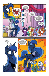 Size: 1400x2154 | Tagged: safe, artist:jay fosgitt, idw, official comic, princess celestia, princess luna, alicorn, earth pony, pegasus, pony, friends forever #28, g4, my little pony: friends forever, spoiler:comic, canterlot castle, cute, female, foal, lunabetes, royal sisters, siblings, sisters, unnamed character, unnamed pony