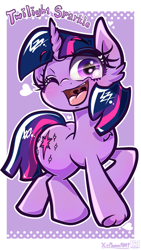 Size: 2250x4000 | Tagged: safe, artist:phoenixrk49, twilight sparkle, pony, unicorn, eyebrows, eyebrows visible through hair, heart, high res, looking at you, name, one eye closed, open mouth, open smile, passepartout, purple background, signature, simple background, smiling, smiling at you, solo, unicorn twilight, wink, winking at you