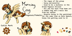 Size: 1800x900 | Tagged: safe, oc, oc only, oc:morning cog, pegasus, pony, fallout equestria, bandana, bust, chest fluff, cutie mark, ear fluff, female, folded wings, lockpicking, mare, music box, music notes, orange mane, pegasus oc, purple eyes, reference sheet, solo, spread wings, wings, yellow coat