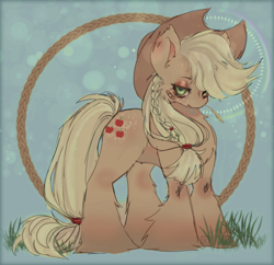 Size: 900x872 | Tagged: safe, artist:xijoh_, applejack, earth pony, pony, g4, abstract background, applejack's hat, bandaid, cowboy hat, female, hat, mare, solo, straw in mouth, unshorn fetlocks