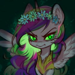 Size: 1000x1000 | Tagged: safe, artist:米米哈条, princess cadance, queen chrysalis, alicorn, pony, g4, abstract background, angry, disguise, disguised changeling, fake cadance, female, floral head wreath, flower, green eyes, mare, scowl, solo, watermark