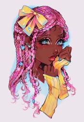 Size: 1276x1831 | Tagged: safe, artist:anniebunie, fluttershy, human, g4, arm warmers, bow, braid, bust, clothes, dark skin, ear piercing, earring, female, hair bow, humanized, jewelry, piercing, simple background, solo, white background