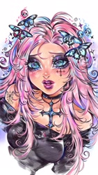 Size: 1080x1920 | Tagged: safe, artist:anniebunie, fluttershy, butterfly, human, g4, bust, choker, cross, cross necklace, female, fluttergoth, humanized, jewelry, makeup, necklace, skull, solo, strapless