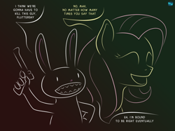 Size: 832x621 | Tagged: safe, artist:quint-t-w, fluttershy, pegasus, pony, rabbit, g4, animal, crossover, dialogue, eyes closed, gun, i think we're gonna have to kill this guy, luger, max (sam and max), meme, minimalist, sam and max, simple background, talking