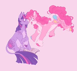 Size: 2048x1908 | Tagged: safe, artist:pasteljesterz, pinkie pie, twilight sparkle, classical unicorn, pony, unicorn, g4, alternate design, book, boop, chest fluff, cloven hooves, duo, female, horn, leonine tail, lesbian, mare, nose to nose, pink background, ship:twinkie, shipping, simple background, sitting, unicorn twilight, unshorn fetlocks