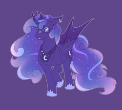 Size: 2048x1853 | Tagged: safe, artist:pasteljesterz, princess luna, alicorn, pony, g4, bat wings, curved horn, ear piercing, earring, female, hoof shoes, horn, hybrid wings, jewelry, mare, peytral, piercing, purple background, regalia, simple background, solo, unusual pupils, wings
