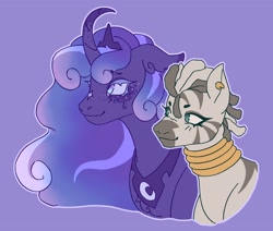 Size: 2048x1734 | Tagged: safe, artist:pasteljesterz, princess luna, zecora, alicorn, pony, zebra, g4, chest fluff, coat markings, curved horn, ear piercing, earring, facial markings, female, horn, jewelry, lesbian, lucora, mare, neck rings, peytral, piercing, purple background, regalia, shipping, simple background, star (coat marking), sweat