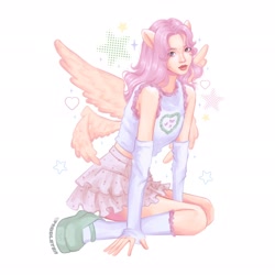 Size: 2048x2048 | Tagged: safe, artist:paddle_teaa, fluttershy, human, g4, abstract background, arm warmers, clothes, female, humanized, looking at you, multiple wings, sitting, skirt, solo, tank top, winged humanization, wings
