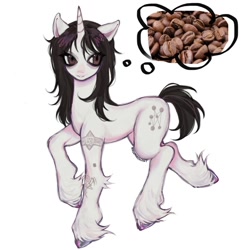 Size: 1080x1122 | Tagged: safe, artist:bioluminescentfarts, oc, oc only, pony, unicorn, coffee beans, horn, simple background, solo, thought bubble, unshorn fetlocks, white background