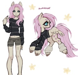 Size: 1080x1032 | Tagged: safe, artist:bioluminescentfarts, fluttershy, pegasus, pony, anthro, abstract background, belly button, clothes, female, leg warmers, mare, self paradox, self ponidox, shorts, solo, sweater, unshorn fetlocks