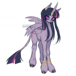 Size: 1440x1440 | Tagged: safe, artist:bioluminescentfarts, twilight sparkle, alicorn, pony, g4, bracelet, ear piercing, earring, female, horn, horn jewelry, jewelry, leonine tail, mare, piercing, simple background, solo, tail, twilight sparkle (alicorn), unshorn fetlocks, white background