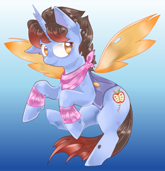 Size: 2080x2161 | Tagged: safe, artist:scarlet_dove, oc, oc only, oc:key ti, changeling, hybrid, pony, bandana, changeling hybrid, ear fluff, female, freckles, front view, gradient background, horn, insect wings, key, mare, solo, transparent wings, two toned hair, wings