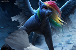 Size: 1536x1024 | Tagged: safe, ai assisted, ai content, artist:emptyplotfiller, rainbow dash, thorax, changeling, yeti, fanfic:crossing the trixie bridge:a new life in the crystal empire, g4, cave, changeling in disguise, damaged wings, mount everhoof, story included