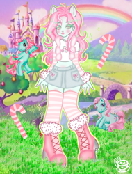Size: 1024x1344 | Tagged: safe, artist:minttea030, minty, earth pony, pony, equestria girls, g3, g4, blushing, boots, candy, candy cane, clothes, equestria girls-ified, female, food, mare, midriff, nail polish, ponied up, shirt, shoes, skirt, socks, solo, stockings, striped socks, thigh highs