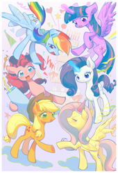 Size: 1983x2913 | Tagged: safe, artist:树妖, applejack, fluttershy, pinkie pie, rainbow dash, rarity, twilight sparkle, alicorn, earth pony, pegasus, pony, unicorn, g4, birthday cake, cake, concave belly, eyes closed, female, food, hat, high res, horn, magic, mane six, mare, open mouth, party cannon, party hat, twilight sparkle (alicorn)