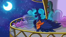 Size: 3840x2160 | Tagged: safe, artist:creatorworld, artist:liquorice_sweet, princess luna, oc, oc:fireheart(fire), alicorn, hybrid, pegabat, g4, blanket, canon x oc, cute, duo, duo male and female, female, foal, male, maternaluna, mother and child, mother and son, night, stars, wholesome