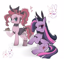 Size: 2048x1877 | Tagged: safe, artist:petaltwinkle, pinkie pie, twilight sparkle, alicorn, earth pony, pony, g4, alternate cutie mark, alternate hairstyle, blue eyes, bow, bunny ears, bunny girl, bunny suit, cake, cake slice, choker, chokerpie, chokertwi, clothes, colored wings, cross earring, curly mane, curly tail, duo, duo female, dyed mane, dyed tail, ear piercing, earring, eyelashes, eyeshadow, female, floating heart, folded wings, food, frown, gradient ears, gradient horn, gradient legs, gradient wings, heart, heart choker, heart eyes, hoof hold, horn, jewelry, lidded eyes, makeup, mare, multicolored mane, multicolored tail, narrowed eyes, open mouth, open smile, piercing, pink coat, plate, ponytail, purple coat, purple eyes, raised hoof, raised hooves, running makeup, shiny eyes, signature, simple background, sitting, smiling, standing, stockings, straight mane, straight tail, tail, tail bow, thigh highs, tied mane, tied tail, twilight sparkle (alicorn), two toned mane, two toned tail, unicorn horn, wall of tags, white background, wingding eyes, wings