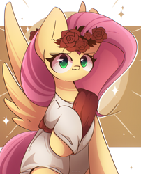 Size: 2058x2550 | Tagged: safe, artist:miryelis, fluttershy, pegasus, pony, big ears, clothes, cute, flower, flower in hair, long hair, raised hoof, shyabetes, smiling, solo, sparkles, spread wings, wings