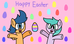 Size: 1284x760 | Tagged: safe, artist:gillianthecreator36, aura (g4), first base, earth pony, pegasus, pony, g4, adorabase, arms in the air, aurabetes, best friends, cheerful, cute, duo, easter, easter egg, egg, excited, female, filly, foal, hands in the air, happy, happy easter, holiday, open mouth, open smile, pegasus first base, pink background, race swap, simple background, smiling, wind, windswept hair, windswept mane