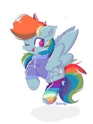 Size: 565x754 | Tagged: safe, artist:skylinepony_, rainbow dash, pegasus, pony, g4, clothes, cute, dashabetes, female, flying, hoodie, hoof hold, looking at you, mare, one eye closed, open mouth, pride month, rainbow socks, simple background, smiling, socks, solo, spread wings, striped socks, sweater, white background, wings, wink, winking at you