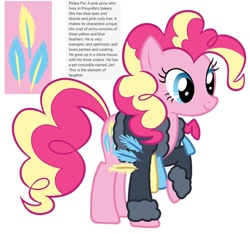 Size: 640x600 | Tagged: safe, artist:fizzled_kitty, edit, pinkie pie, earth pony, pony, g4, alternate cutie mark, alternate hair color, blonde hair, clothes, coat, coat of arms, cutie mark, feather, female, google translate, implied gummy, implied limestone pie, implied marble pie, implied maud pie, recolor, reference sheet, simple background, solo, text, white background