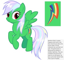 Size: 640x600 | Tagged: safe, artist:fizzled_kitty, edit, rainbow dash, pegasus, pony, g4, alternate color palette, cutie mark, female, google translate, green fur, implied tank, recolor, red eyes, simple background, solo, white background
