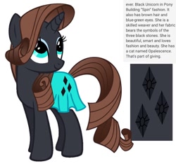 Size: 640x600 | Tagged: safe, artist:fizzled_kitty, edit, rarity, pony, unicorn, g4, alternate color palette, alternate cutie mark, black fur, brown hair, cutie mark, fabric, female, google translate, horn, implied opalescence, recolor, reference sheet, simple background, solo, white background