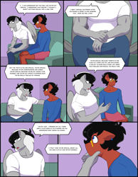 Size: 2048x2643 | Tagged: safe, artist:shallowwin, oc, oc only, oc:benjamin terrance tover, earth pony, pegasus, anthro, comic:house party, anthro oc, comic, commission, crossdressing, dialogue, earth pony oc, gay, glasses, male, oc x oc, pegasus oc, shipping, stallion, stallion on stallion, story included