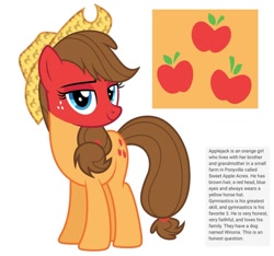 Size: 640x600 | Tagged: safe, artist:fizzled_kitty, edit, applejack, earth pony, pony, g4, alternate color palette, blue eyes, brown hair, cutie mark, female, google translate, hat, horse hat, implied big macintosh, implied granny smith, implied winona, recolor, red head, reference sheet, simple background, solo, white background