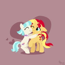 Size: 2000x2000 | Tagged: safe, artist:brella, coco pommel, sunset shimmer, earth pony, pony, unicorn, g4, cocobetes, cute, duo, duo female, eyes closed, female, heart, horn, hug, mare, one eye closed, shimmerbetes, simple background, smiling