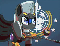 Size: 1440x1111 | Tagged: safe, oc, oc:trackhead, pony, robot, robot pony, anti-materiel rifle, armor, cape, clothes, flag, helldivers 2, salute, solo, stratagem