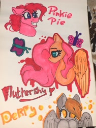 Size: 1977x2613 | Tagged: safe, artist:deadsmoke, derpy hooves, fluttershy, pinkie pie, butterfly, earth pony, pegasus, bubble, bust, curly mane, cute, irl, looking at you, marker drawing, photo, portrait, smiling, teeth, traditional art