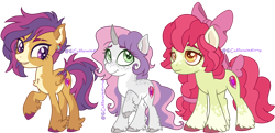 Size: 3900x1887 | Tagged: safe, artist:caffeinatedcarny, apple bloom, scootaloo, sweetie belle, earth pony, pegasus, pony, unicorn, g4, apple bloom's bow, applebetes, bow, chest fluff, cloven hooves, coat markings, colored hooves, colored wings, countershading, curved horn, cute, cutie mark crusaders, ear piercing, eyebrow slit, eyebrows, feathered fetlocks, freckles, hair bow, horn, horn runes, markings, older, piercing, redesign, simple background, socks (coat markings), tail, tail bow, teenager, transparent background, trio, undercut, unshorn fetlocks, wings
