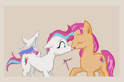 Size: 1970x1300 | Tagged: safe, artist:asttom, sunny starscout, zipp storm, earth pony, pegasus, pony, g5, concave belly, duo, female, imminent kissing, kissing, lesbian, mare, physique difference, ship:sunnystorm, shipping, simple background, slender, thin