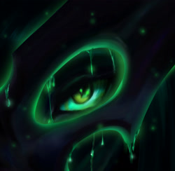 Size: 2258x2207 | Tagged: safe, artist:polnocnykot, queen chrysalis, changeling, changeling queen, pony, g4, angry, changeling slime, close-up, crying, dark, digital art, evil, eyelashes, eyeshadow, female, glowing, glowing eyes, green eyes, looking at you, makeup, mare, night, raised hoof, slime, solo, tears of anger, teary eyes