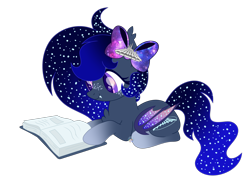 Size: 2296x1702 | Tagged: safe, artist:pure-blue-heart, oc, oc only, oc:space mountain, bat pony, bat pony oc, book, bow, chest fluff, disney, disneyland, ethereal mane, fangs, female, freckles, gradient hooves, hair bow, lying down, mare, open book, reading, simple background, solo, starry mane, transparent background