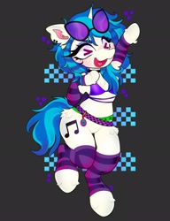 Size: 1576x2048 | Tagged: safe, artist:pxppyclawz, dj pon-3, vinyl scratch, pony, unicorn, semi-anthro, g4, alternate hairstyle, bipedal, blushing, bra, choker, clothes, colored eyebrows, colored pinnae, coontails, ear piercing, earring, eye clipping through hair, eyebrows, eyelashes, eyeshadow, female, fluffy, glasses, gray background, grid, heart tongue, horn, jewelry, leg warmers, makeup, mare, open mouth, open smile, piercing, raised hoof, raised leg, signature, simple background, smiling, solo, stars, tamagotchi, underwear, unusual pupils, vinyl's glasses, waving