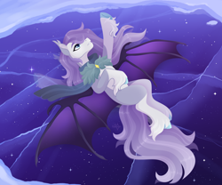 Size: 1920x1600 | Tagged: safe, artist:kabuvee, oc, oc only, bat pony, pony, belly, countershading, female, hoof on belly, ice, lying down, mare, on back, pointing, reflection, solo, stars