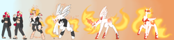 Size: 4356x1007 | Tagged: safe, artist:st0ne-drag0n, daybreaker, alicorn, human, pony, g4, clothes, concave belly, fan, female, fire, fire breath, gradient background, hand fan, high res, human to pony, magic, magic aura, mane of fire, mare, ripping clothes, sweat, tail, tail of fire, tall, transformation, transformation sequence