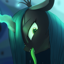 Size: 625x625 | Tagged: editor needed, safe, anonymous editor, artist:shydale edits, edit, queen chrysalis, changeling, changeling queen, cropped, cropped porn, glowing, glowing horn, green eyes, horn, sfw edit, slit pupils, solo, tongue out