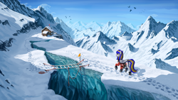 Size: 6284x3534 | Tagged: safe, artist:helmie-art, oc, oc only, oc:eagle fly, bird, pegasus, pony, crevice, female, flag, glacier, mare, mountain, mountain range, mountain rescue, outdoors, rescue, scenery, snow, solo, swiss flag, switzerland