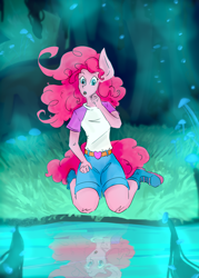 Size: 1394x1949 | Tagged: safe, pinkie pie, human, equestria girls, g4, too many pinkie pies, boots, cave, clothes, female, glowing mushroom, looking at self, mirror pool, mushroom, open mouth, pony ears, reflection, scene interpretation, shirt, shoes, shorts, solo, t-shirt, tail