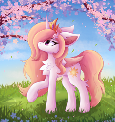 Size: 3005x3200 | Tagged: safe, artist:gaffy, princess celestia, alicorn, alternate hairstyle, cheek fluff, cherry blossoms, chest fluff, cute, ear fluff, flower, flower blossom, horn, spread wings, wings