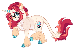 Size: 4100x2700 | Tagged: safe, artist:gigason, oc, oc only, oc:anemone anomaly, pony, unicorn, chest fluff, cloven hooves, coat markings, colored hooves, colored pinnae, facial markings, glasses, hoof polish, horn, leg fluff, leonine tail, nervous, nervous smile, nonbinary, obtrusive watermark, offspring, pale belly, parent:roseluck, parent:sunburst, parents:roseburst, raised hoof, shiny hooves, simple background, smiling, snip (coat marking), solo, standing on two hooves, striped horn, tail, transparent background, unicorn oc, watermark
