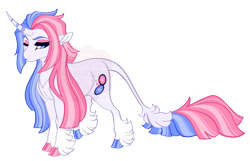 Size: 4200x2700 | Tagged: safe, artist:gigason, oc, oc only, oc:semblance, pony, unicorn, blue eyes, clothes, cloven hooves, colored hooves, curved horn, eyeshadow, female, hoof polish, horn, leg fluff, leonine tail, looking down, magical lesbian spawn, makeup, mare, mismatched hooves, obtrusive watermark, offspring, one eye closed, parent:cayenne, parent:twilight sparkle, pink eyeshadow, raised hoof, shiny hooves, simple background, socks, solo, standing, striped horn, tail, transparent background, unicorn oc, unshorn fetlocks, watermark