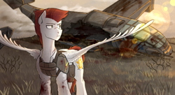 Size: 1980x1080 | Tagged: safe, artist:chevapchichi_, pegasus, fallout equestria, blood, body armor, bush, complex background, devastation, enclave, frown, grass, grass field, green eyes, male, red mane, ruins, solo, spread wings, technology, transportation, vertibuck, wasteland, wings