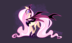 Size: 4000x2400 | Tagged: safe, artist:janegumball, fluttershy, bat pony, pony, eternal night au (janegumball), g4, abstract background, alternate cutie mark, alternate design, alternate eye color, alternate universe, armor, bags under eyes, bat ponified, bite mark, blue sclera, colored eyelashes, colored pupils, colored sclera, colored wings, ethereal mane, ethereal tail, fangs, female, flutterbat, frown, helmet, high res, large wings, long legs, long mane, long neck, long tail, mare, narrowed eyes, nightmare fluttershy, nightmarified, partially open wings, peytral, pink eyes, pink mane, pink tail, profile, race swap, signature, slit pupils, solo, standing, tail, tall ears, tallershy, teal sclera, thin legs, two toned wings, wavy mane, wavy tail, wings, yellow coat