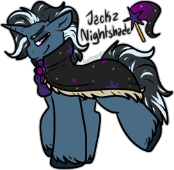 Size: 1561x1521 | Tagged: safe, artist:sexygoatgod, oc, oc only, oc:jackz nightshade, pony, unicorn, adoptable, cape, clothes, horn, male, offspring, parent:king sombra, parent:trixie, parents:trixbra, simple background, solo, transparent background