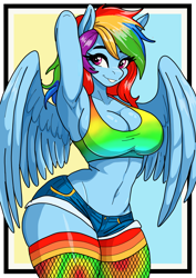 Size: 1240x1754 | Tagged: safe, artist:rekheadz, rainbow dash, pegasus, anthro, g4, arm behind head, armpits, belly button, big breasts, breasts, busty rainbow dash, cleavage, clothes, curvy, daisy dukes, female, gradient background, grin, hourglass figure, midriff, sexy, shorts, smiling, socks, solo, stupid sexy rainbow dash, thigh highs, wide hips