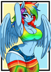 Size: 1240x1754 | Tagged: safe, artist:rekheadz, rainbow dash, pegasus, anthro, g4, arm behind head, armpits, belly button, big breasts, breasts, busty rainbow dash, cleavage, clothes, curvy, daisy dukes, female, gradient background, grin, hourglass figure, mare, midriff, shorts, smiling, socks, solo, thigh highs, wide hips